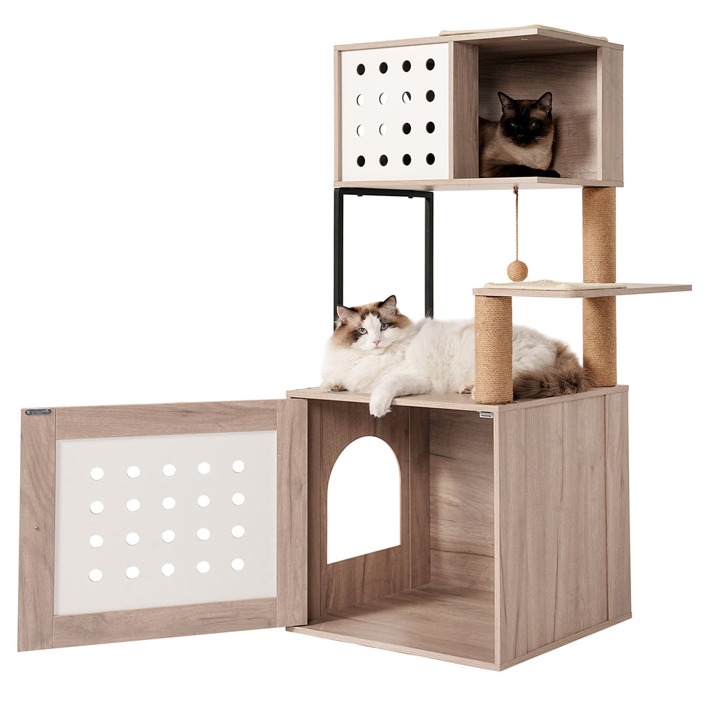 Cat Tree with Litter Box Enclosure, Multi-Level Cat Furniture with Scratching Posts, Cat Condo and Feeding Station, Natural / White
