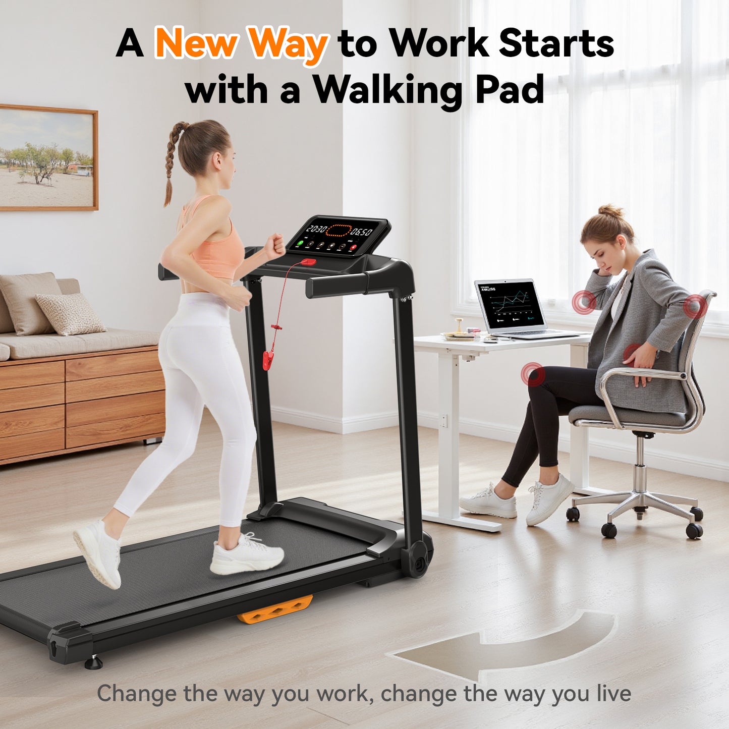 Treadmill with Incline Running Machine 2.5HP Quiet Brushless, 300 Lbs Capacity, App, Pulse Sensor Heart Rate with LCD Display