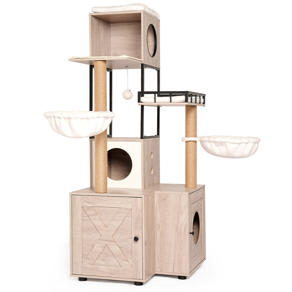 Cat Tree with Litter Box Enclosure, 63" Multi-Level Cat Furniture with Dual Condos, Hammocks and Scratching Posts, Natural / White