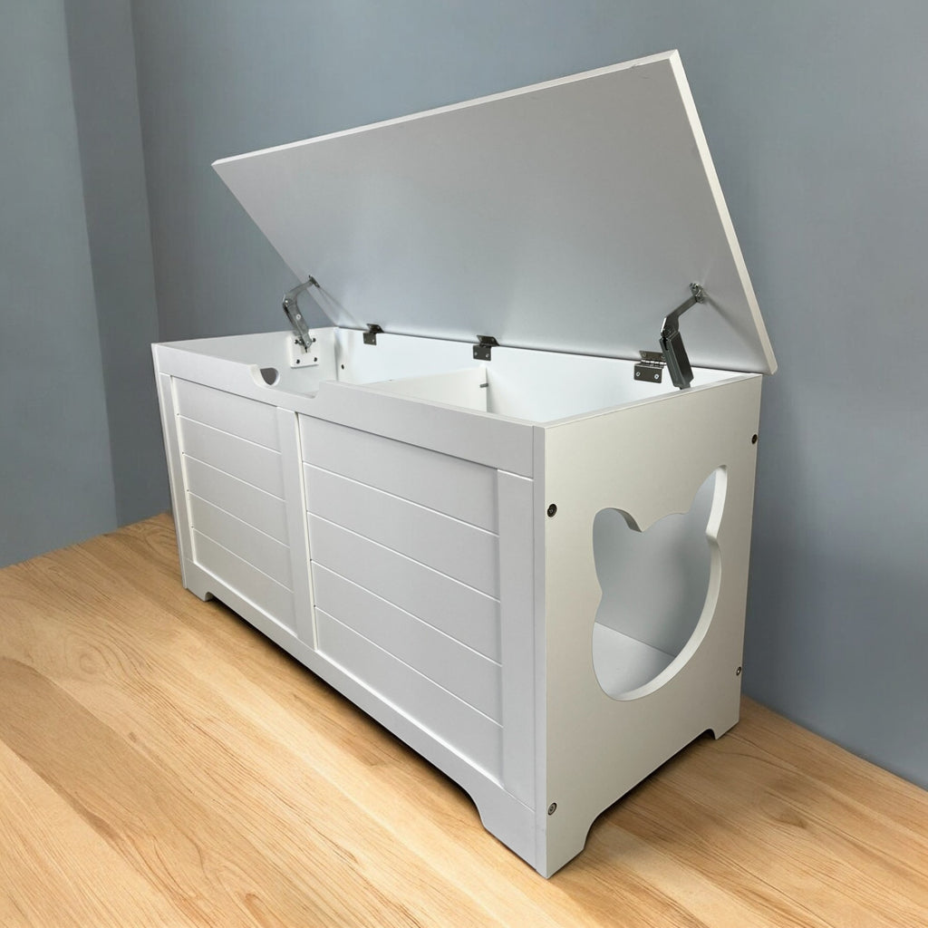Litter Box Enclosure with Lift-Top Access and Interior Divider, Cat Washroom Furniture, Cream White