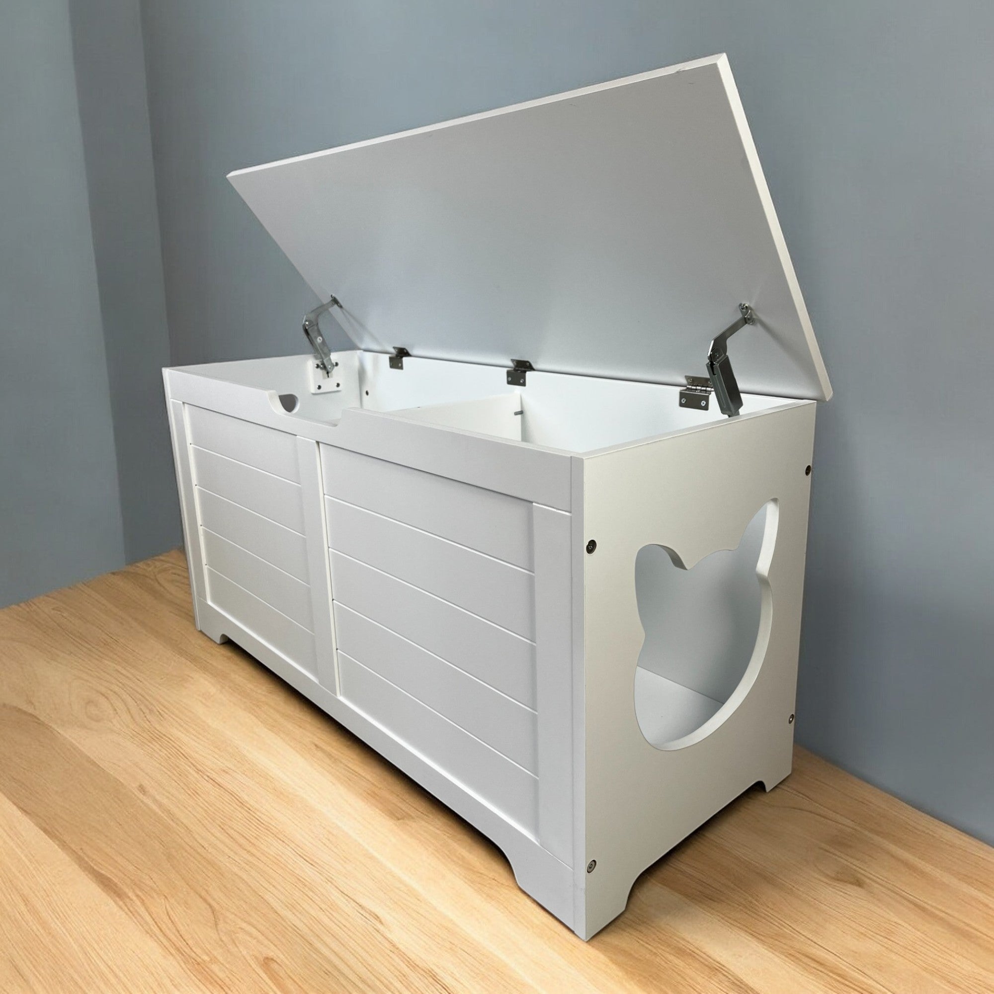Litter Box Enclosure with Lift-Top Access and Interior Divider, Cat Washroom Furniture, Cream White