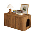 Mid-Century Modern Litter Box Enclosure with Reversible Side Entrance and Grooved Double Doors, Walnut