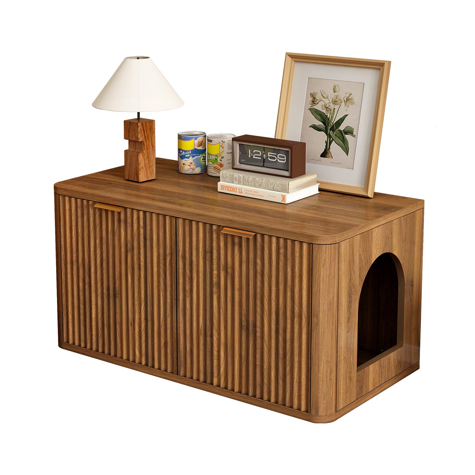 Mid-Century Modern Litter Box Enclosure with Reversible Side Entrance and Grooved Double Doors, Walnut