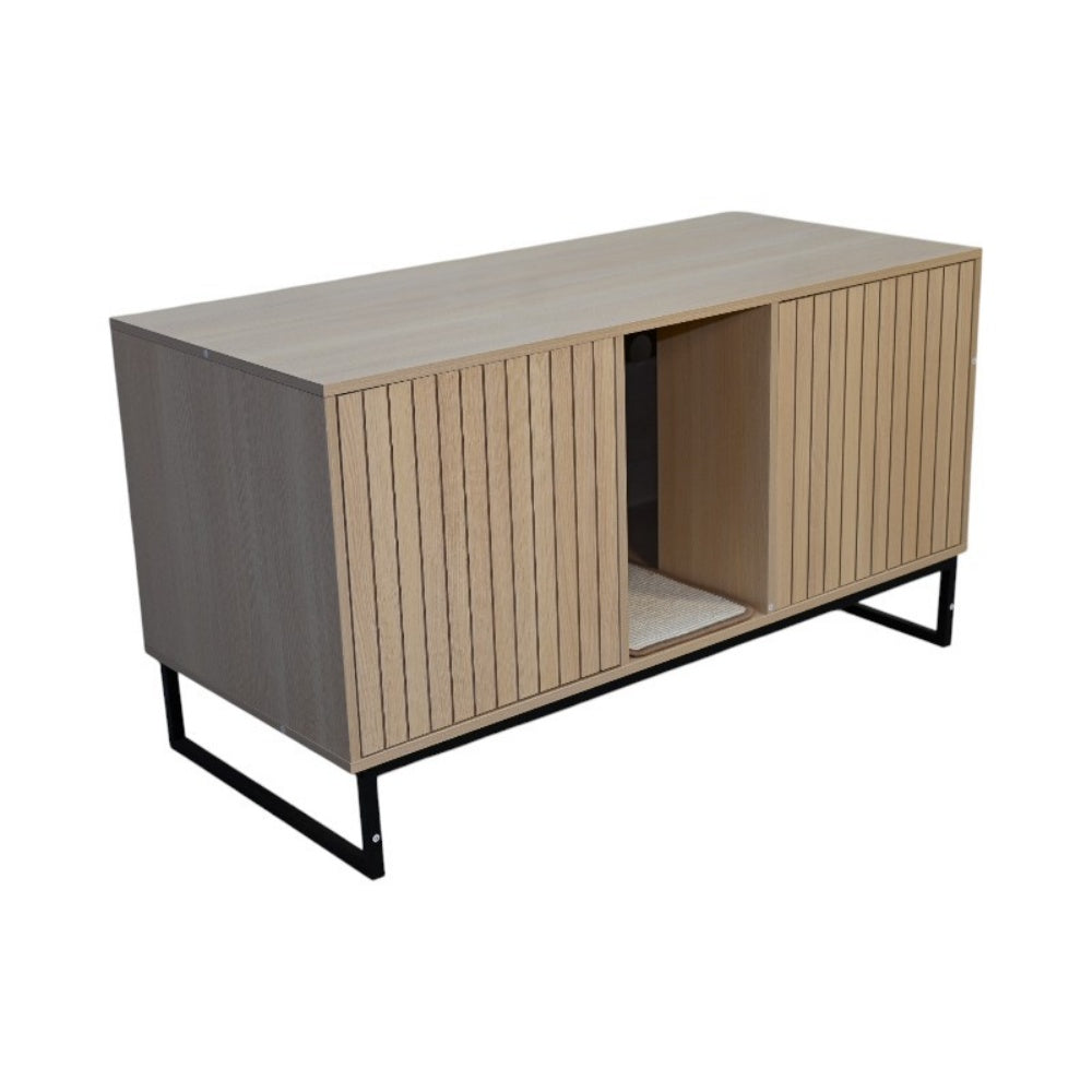 Litter Box Enclosure with Double Doors, Center Cat Entry and Scratching Mat on Metal Base, Light Brown