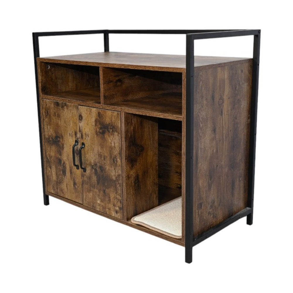 Litter Box Enclosure with Open Storage Shelves and Built-In Scratching Mat, Metal Frame, Rustic Brown