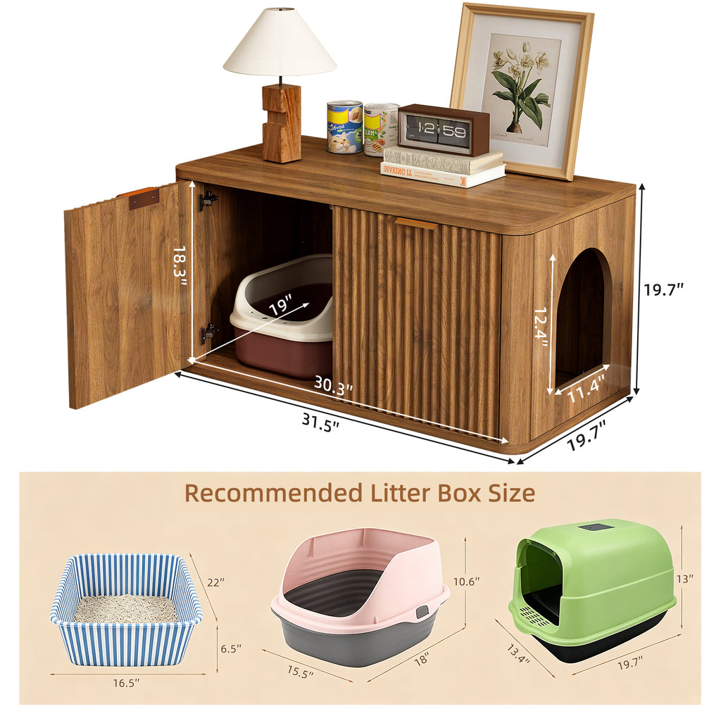Mid-Century Modern Litter Box Enclosure with Reversible Side Entrance and Grooved Double Doors, Walnut