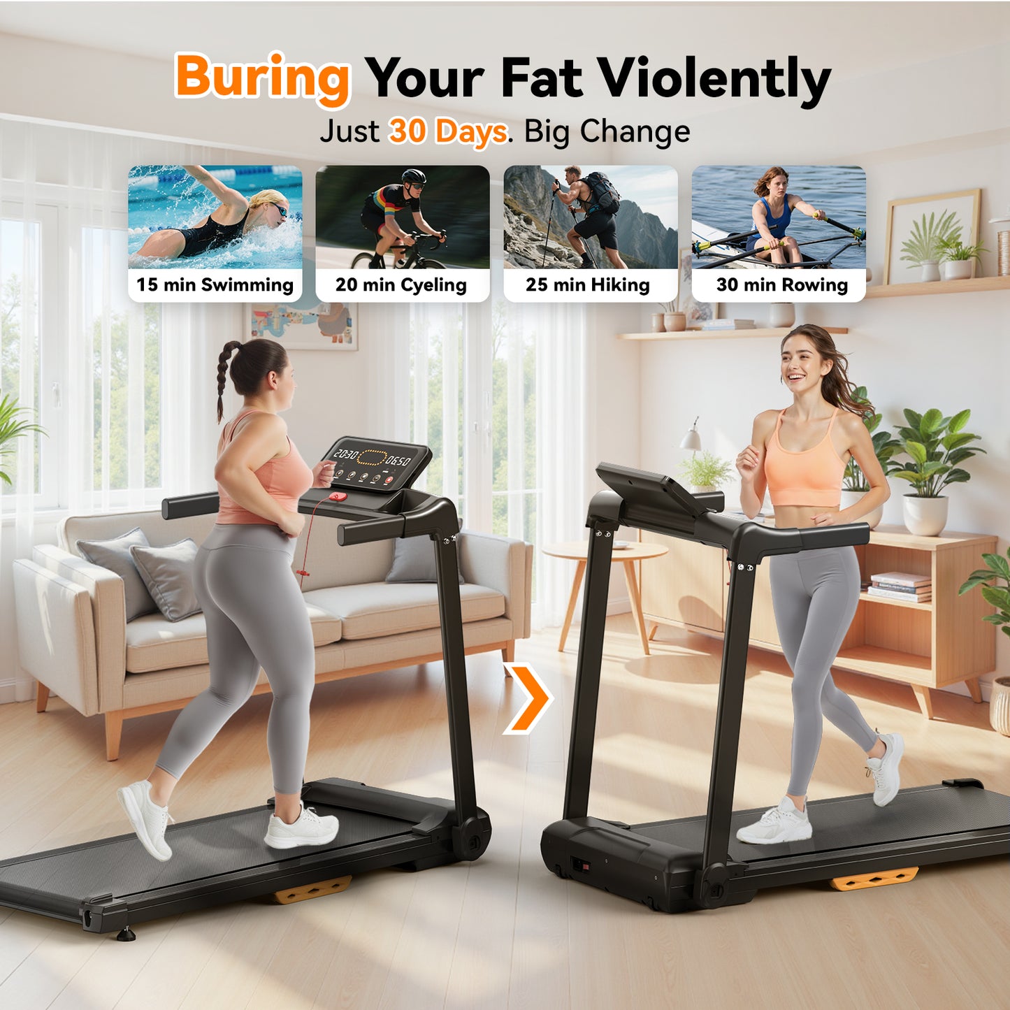 Treadmill with Incline Running Machine 2.5HP Quiet Brushless, 300 Lbs Capacity, App, Pulse Sensor Heart Rate with LCD Display