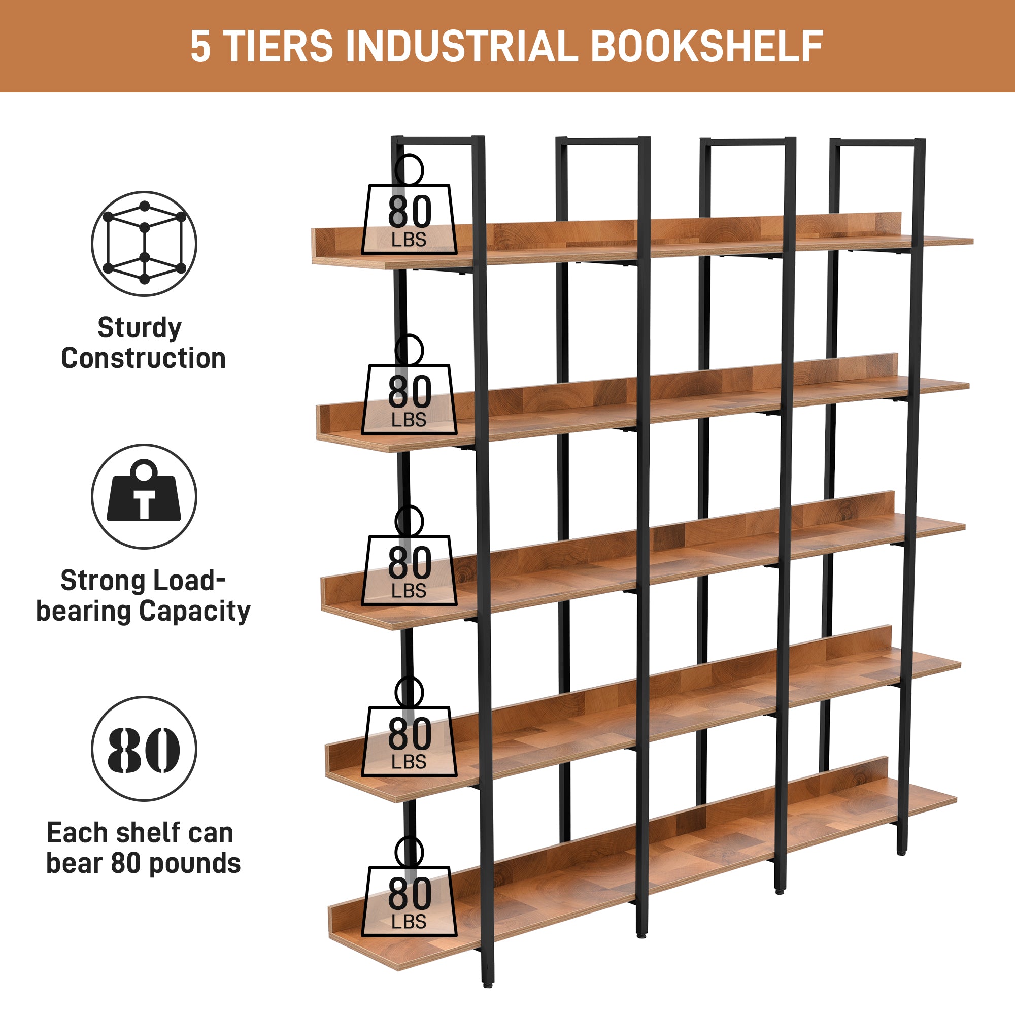 Rustic Brown and Black 5-tier bookcase in a room
