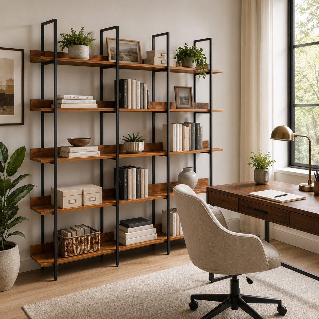 Rustic Brown and Black 5-tier bookcase product details