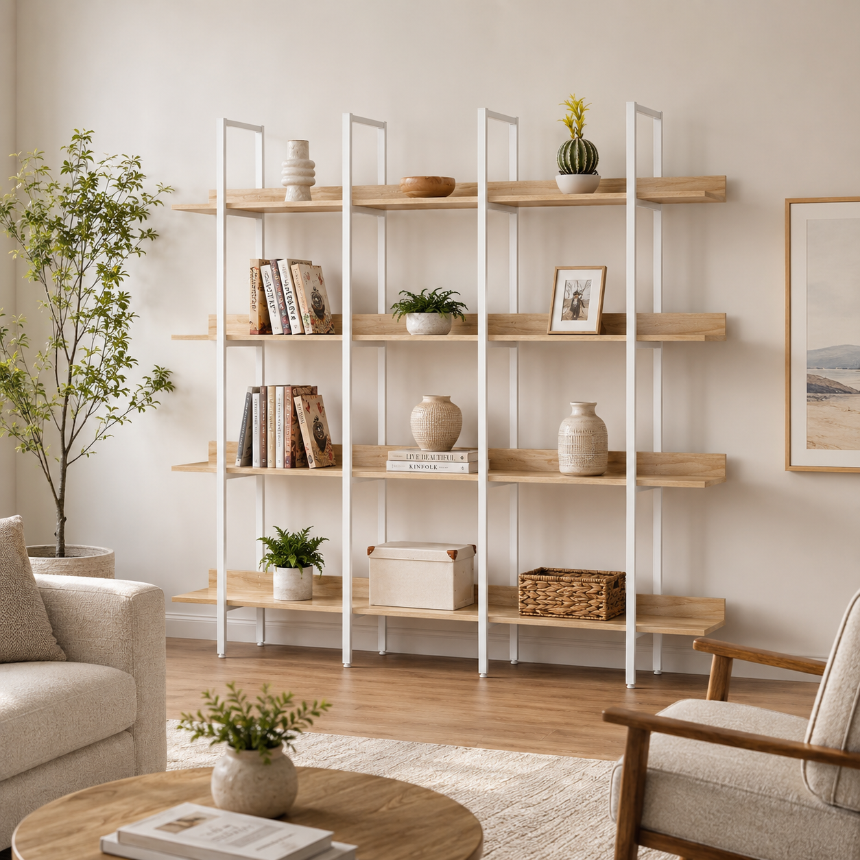 Natural oak and white 70.9-inch 5-tier etagere bookcase