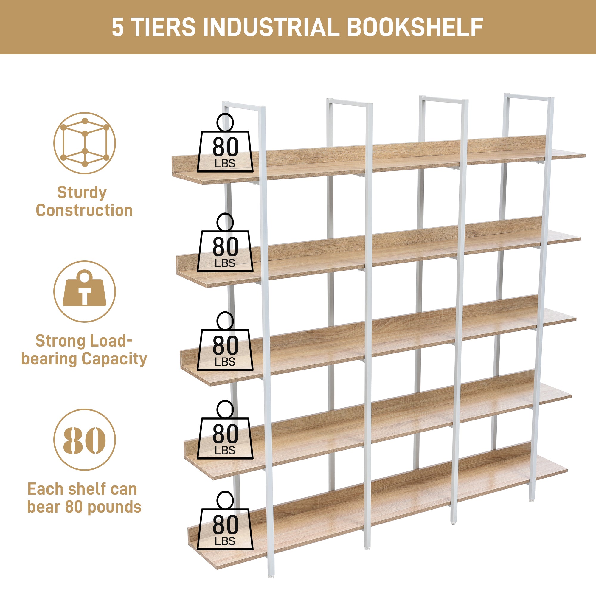 Natural Oak and White 5-tier bookcase in a room