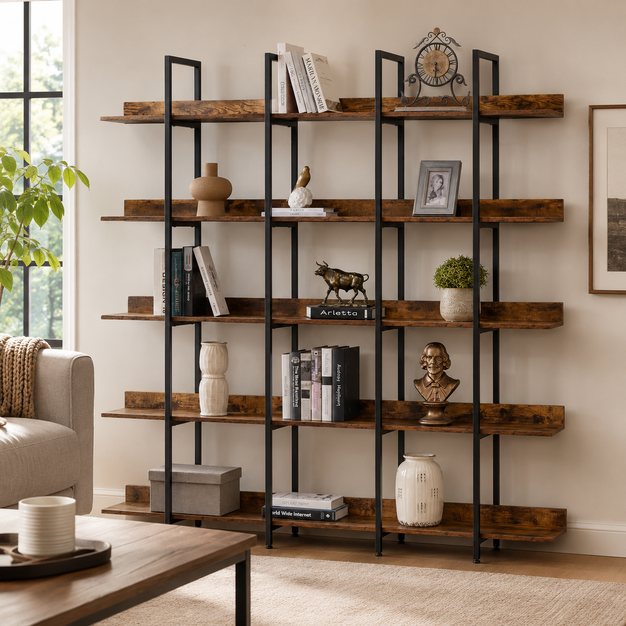 Walnut brown 70.9-inch 5-tier etagere bookcase