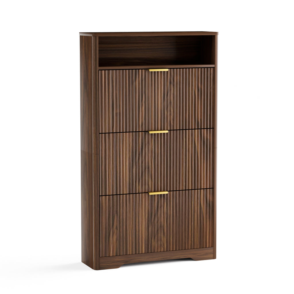 Flip Door Shoe Cabinet, 3-Compartment Entryway Shoe Storage Cabinet with Wave Pattern Doors, Modern Freestanding Shoe Organizer