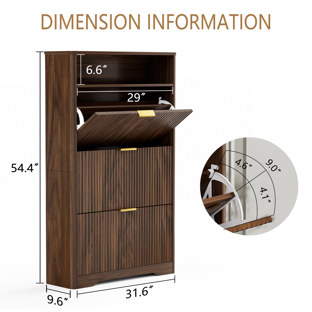 Flip Door Shoe Cabinet, 3-Compartment Entryway Shoe Storage Cabinet with Wave Pattern Doors, Modern Freestanding Shoe Organizer