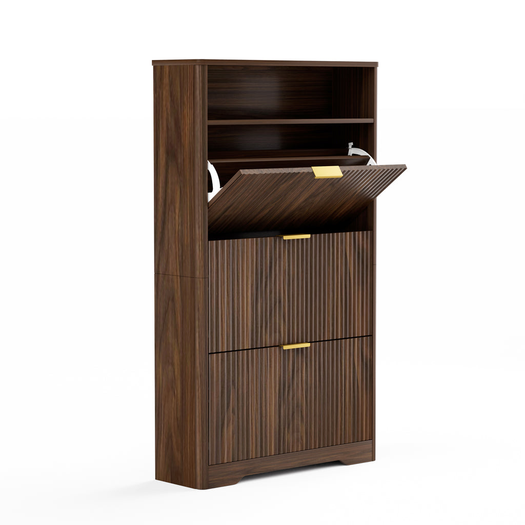 Flip Door Shoe Cabinet, 3-Compartment Entryway Shoe Storage Cabinet with Wave Pattern Doors, Modern Freestanding Shoe Organizer