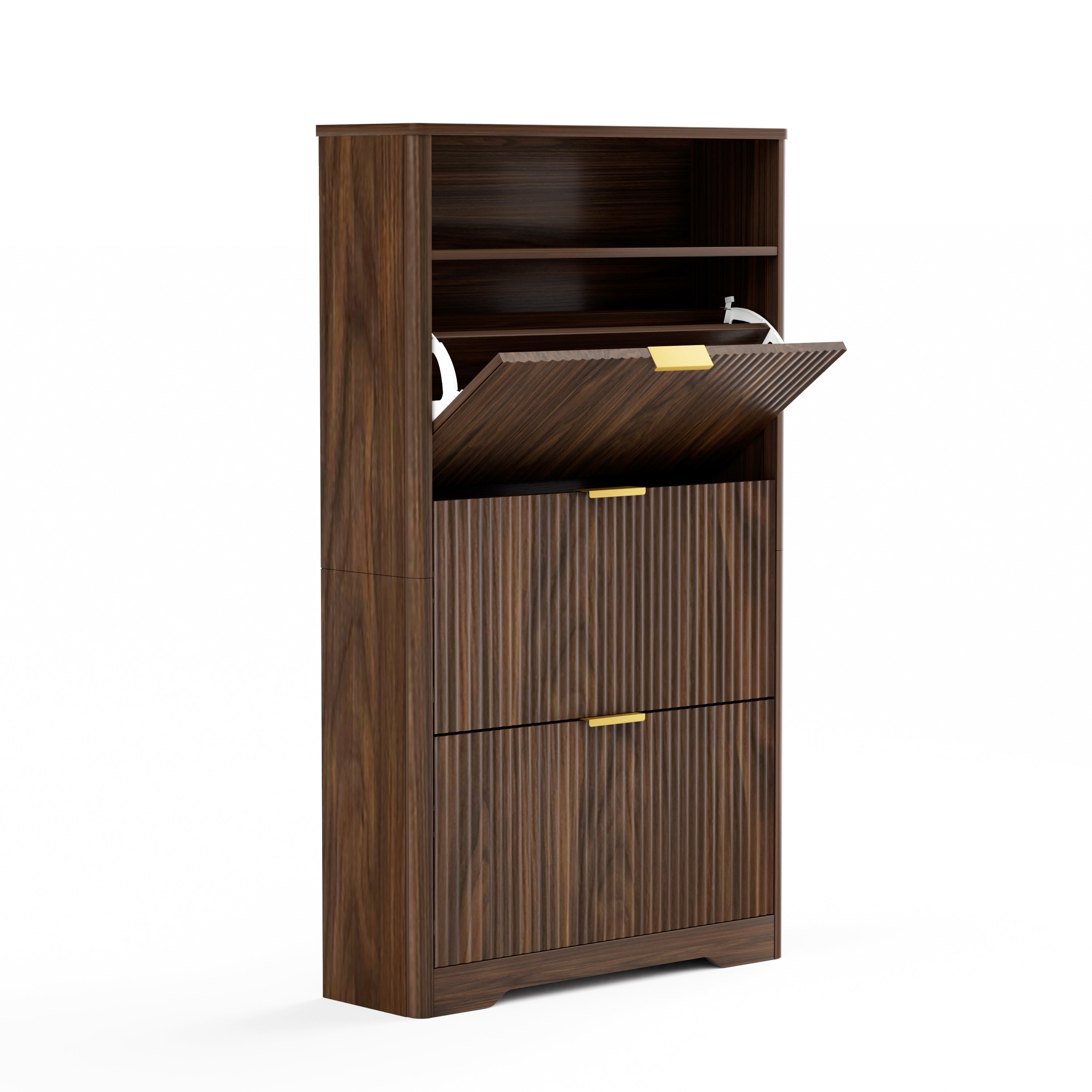 Flip Door Shoe Cabinet, 3-Compartment Entryway Shoe Storage Cabinet with Wave Pattern Doors, Modern Freestanding Shoe Organizer