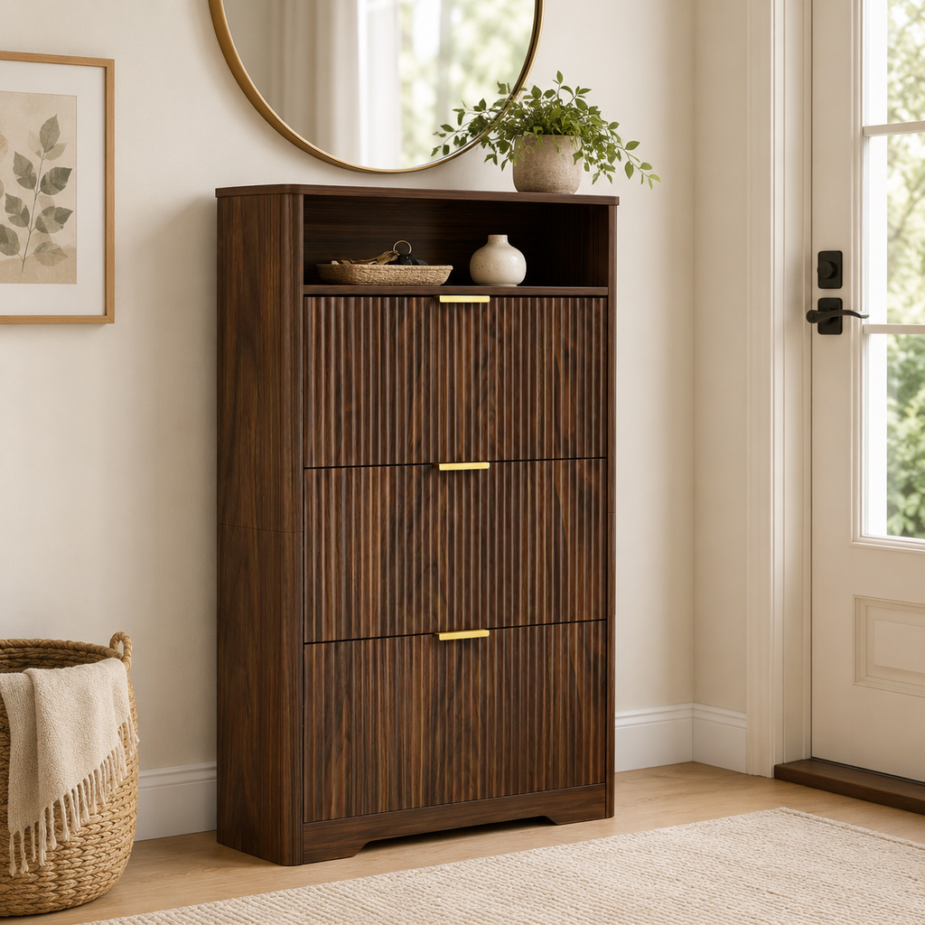 Flip Door Shoe Cabinet, 3-Compartment Entryway Shoe Storage Cabinet with Wave Pattern Doors, Modern Freestanding Shoe Organizer