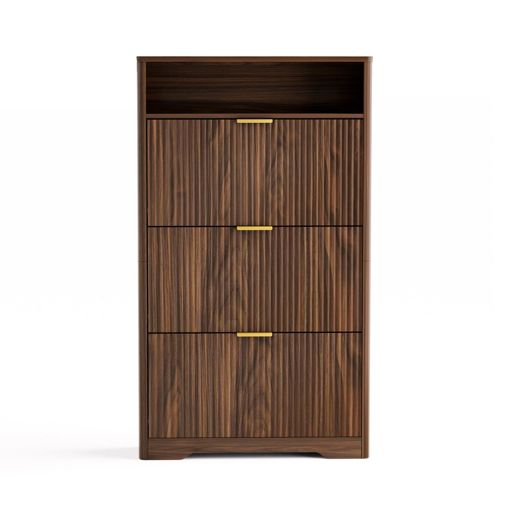 Flip Door Shoe Cabinet, 3-Compartment Entryway Shoe Storage Cabinet with Wave Pattern Doors, Modern Freestanding Shoe Organizer