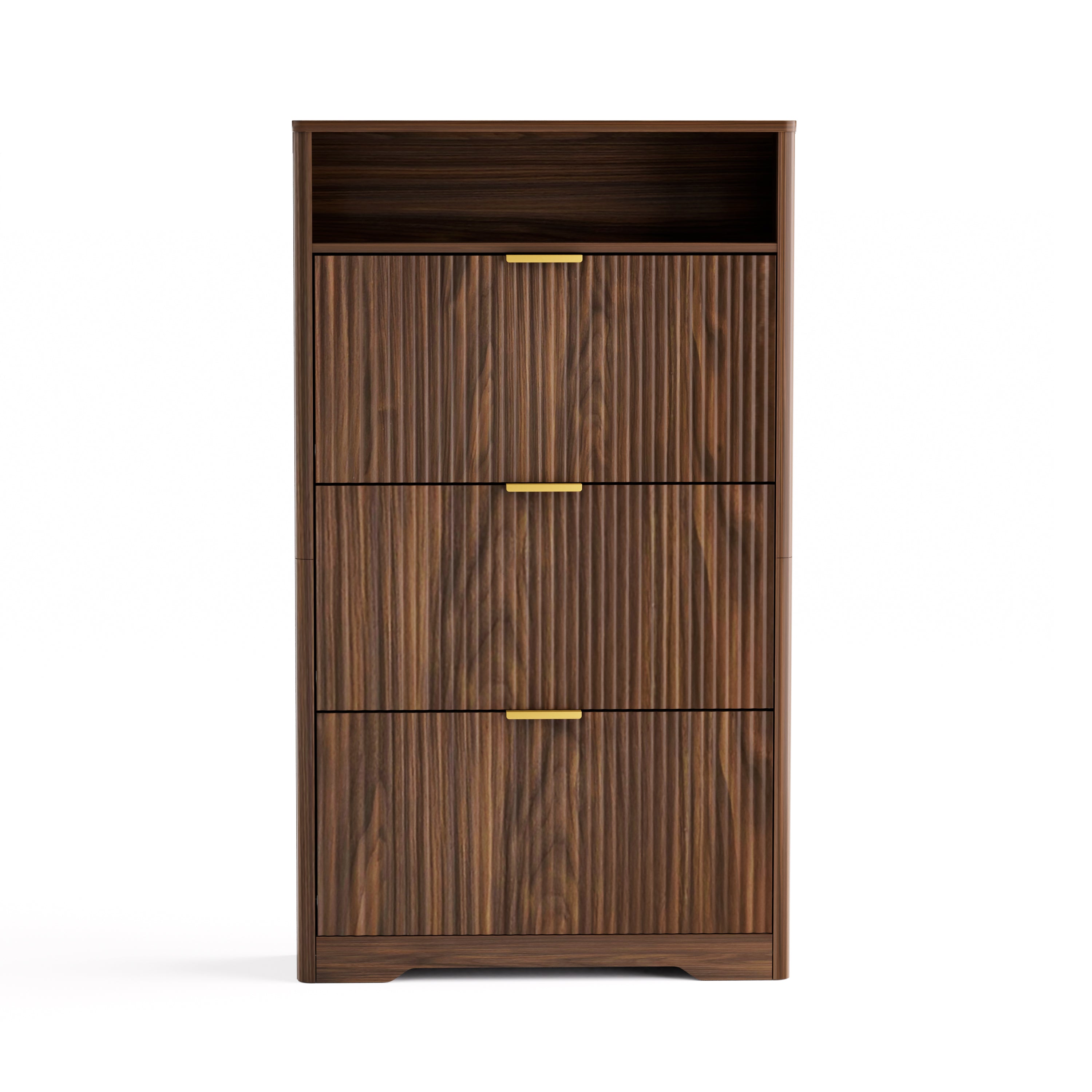 Flip Door Shoe Cabinet, 3-Compartment Entryway Shoe Storage Cabinet with Wave Pattern Doors, Modern Freestanding Shoe Organizer