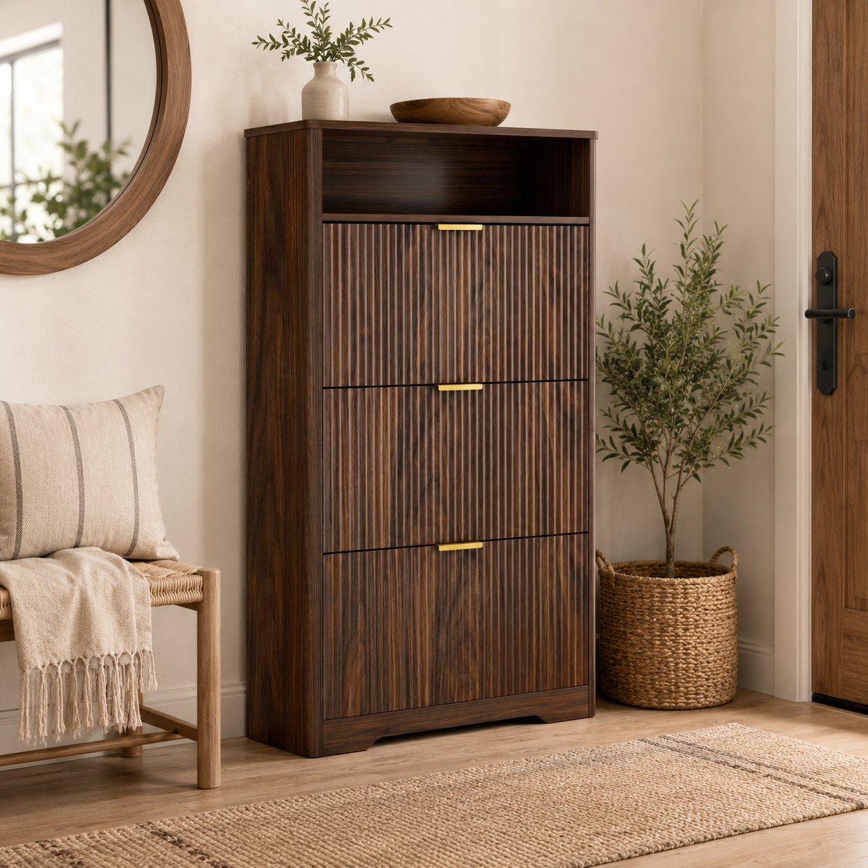 Flip Door Shoe Cabinet, 3-Compartment Entryway Shoe Storage Cabinet with Wave Pattern Doors, Modern Freestanding Shoe Organizer
