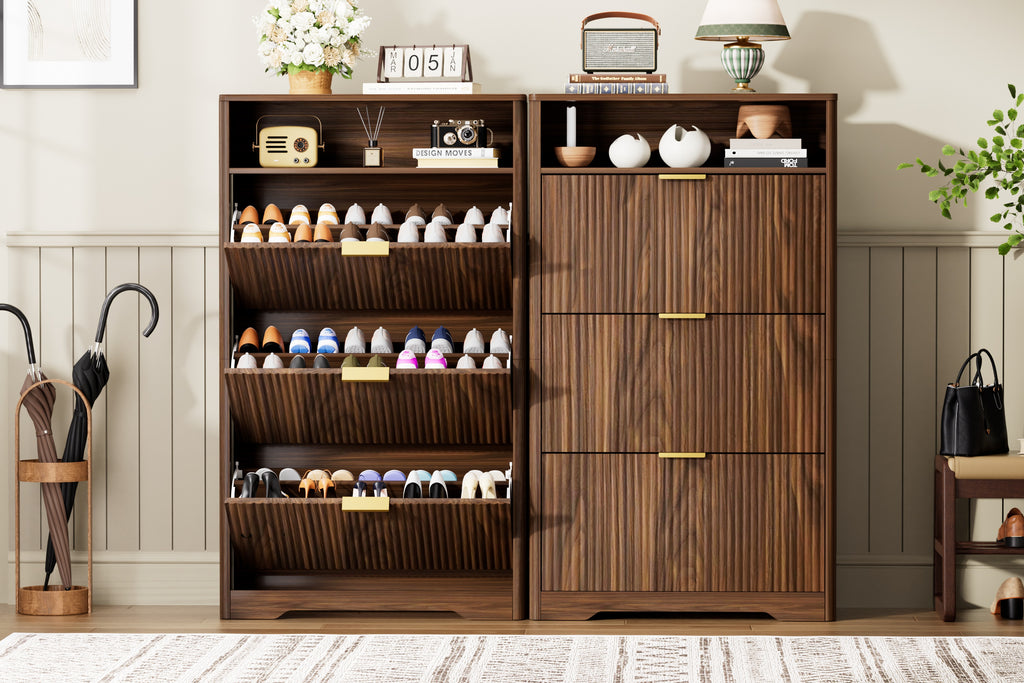 Flip Door Shoe Cabinet, 3-Compartment Entryway Shoe Storage Cabinet with Wave Pattern Doors, Modern Freestanding Shoe Organizer