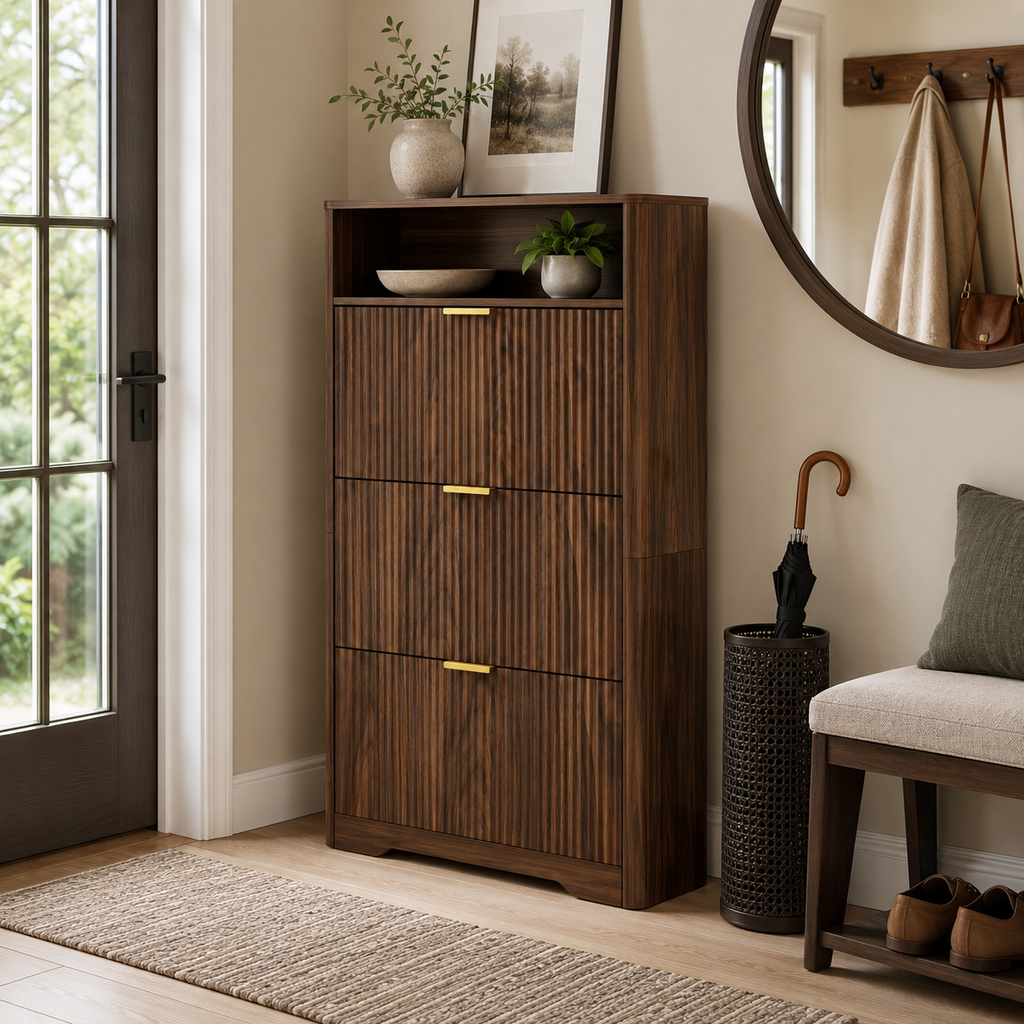 Flip Door Shoe Cabinet, 3-Compartment Entryway Shoe Storage Cabinet with Wave Pattern Doors, Modern Freestanding Shoe Organizer