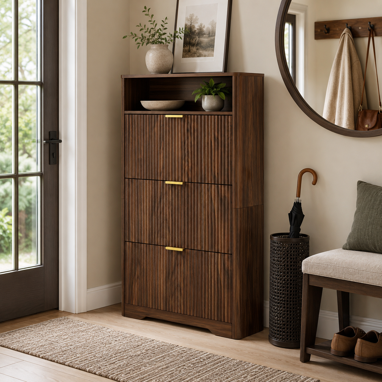 Flip Door Shoe Cabinet, 3-Compartment Entryway Shoe Storage Cabinet with Wave Pattern Doors, Modern Freestanding Shoe Organizer