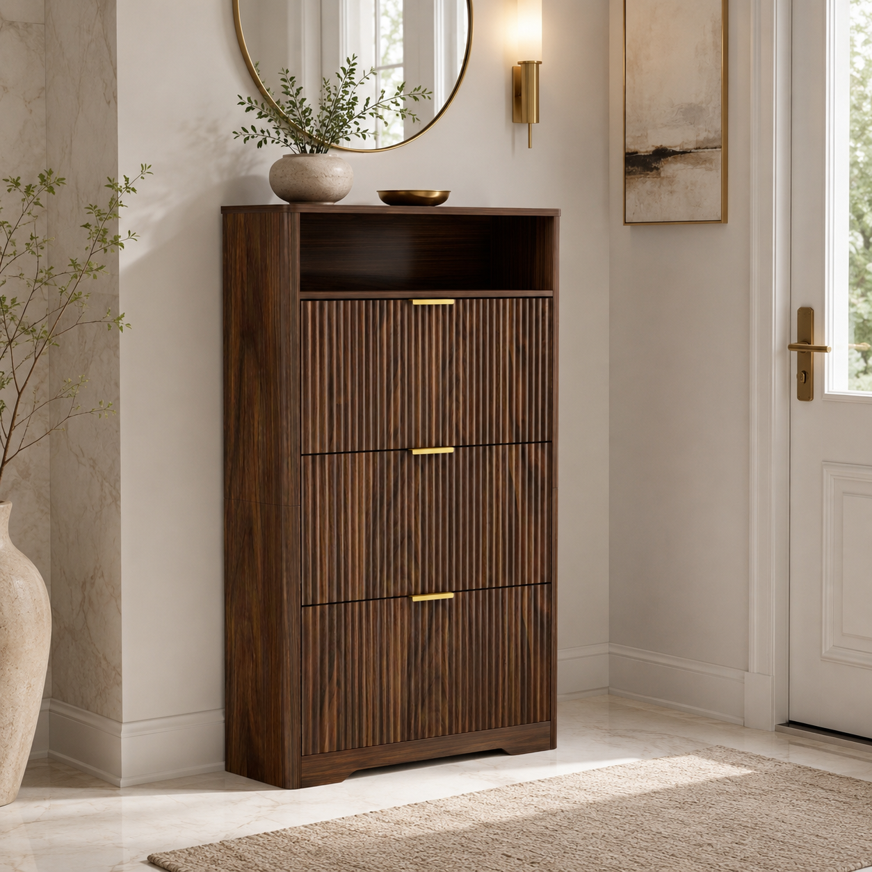 Flip Door Shoe Cabinet, 3-Compartment Entryway Shoe Storage Cabinet with Wave Pattern Doors, Modern Freestanding Shoe Organizer