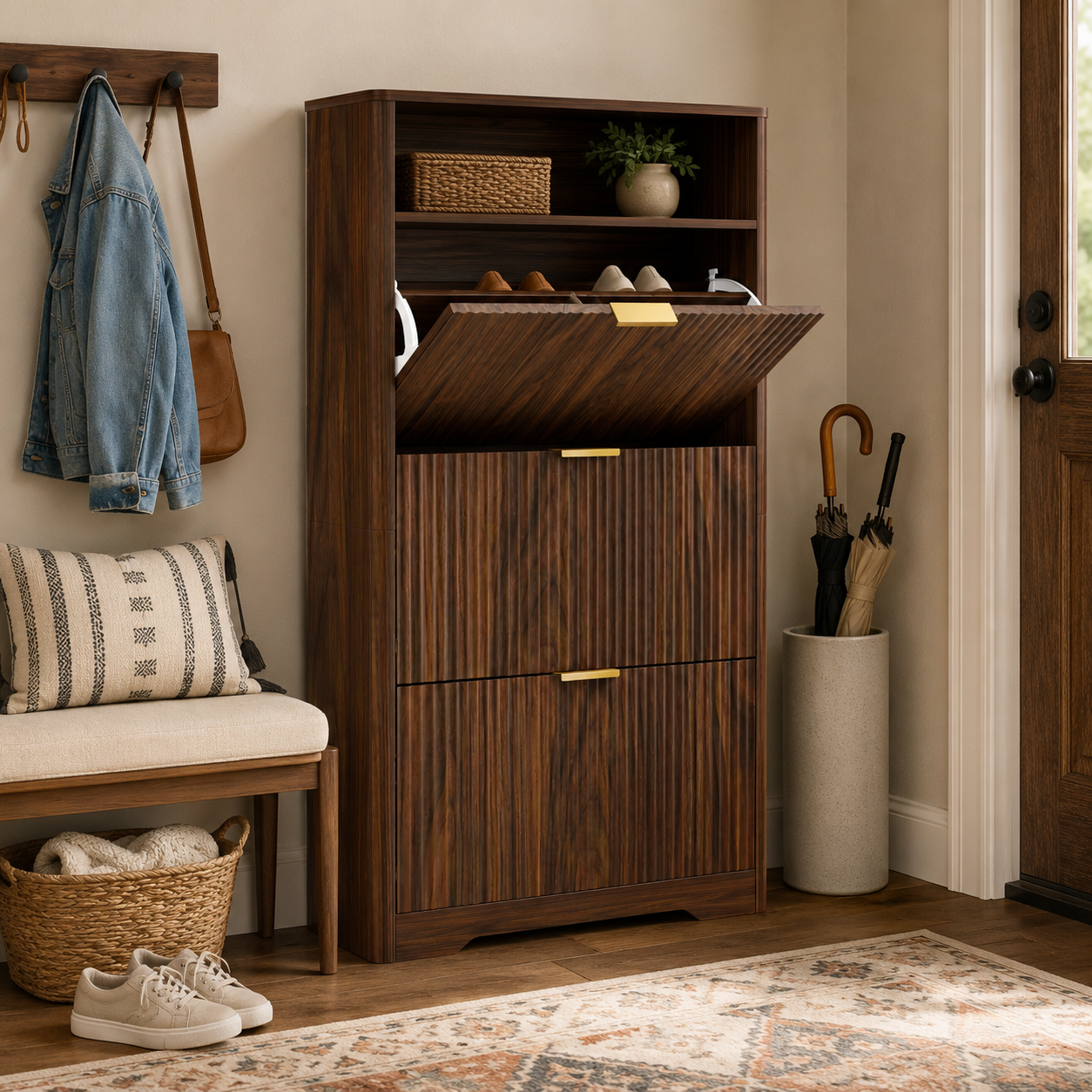 Flip Door Shoe Cabinet, 3-Compartment Entryway Shoe Storage Cabinet with Wave Pattern Doors, Modern Freestanding Shoe Organizer