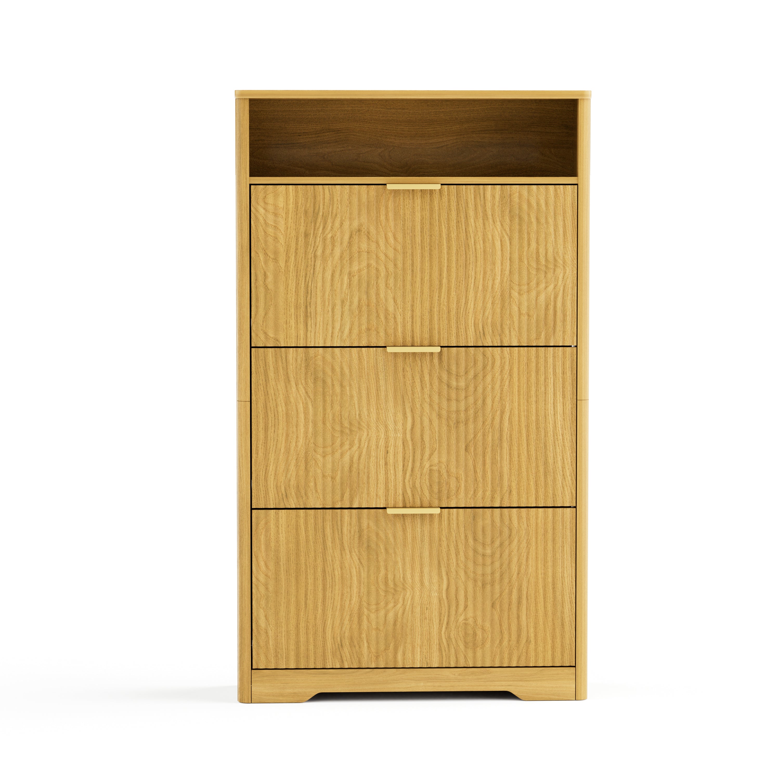 Flip Door Shoe Cabinet, 3-Compartment Entryway Shoe Storage Cabinet with Wave Pattern Doors, Modern Freestanding Shoe Organizer