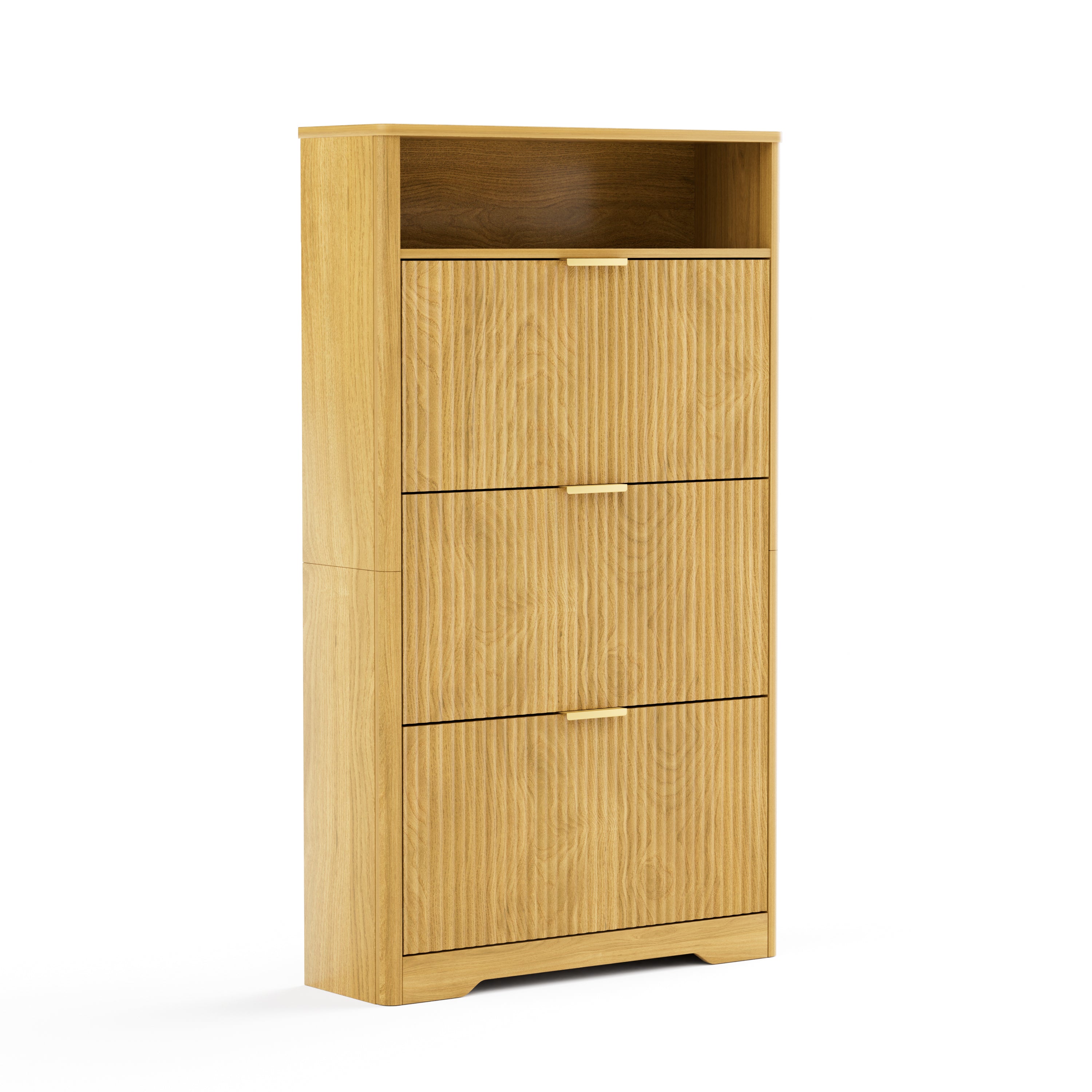 Flip Door Shoe Cabinet, 3-Compartment Entryway Shoe Storage Cabinet with Wave Pattern Doors, Modern Freestanding Shoe Organizer