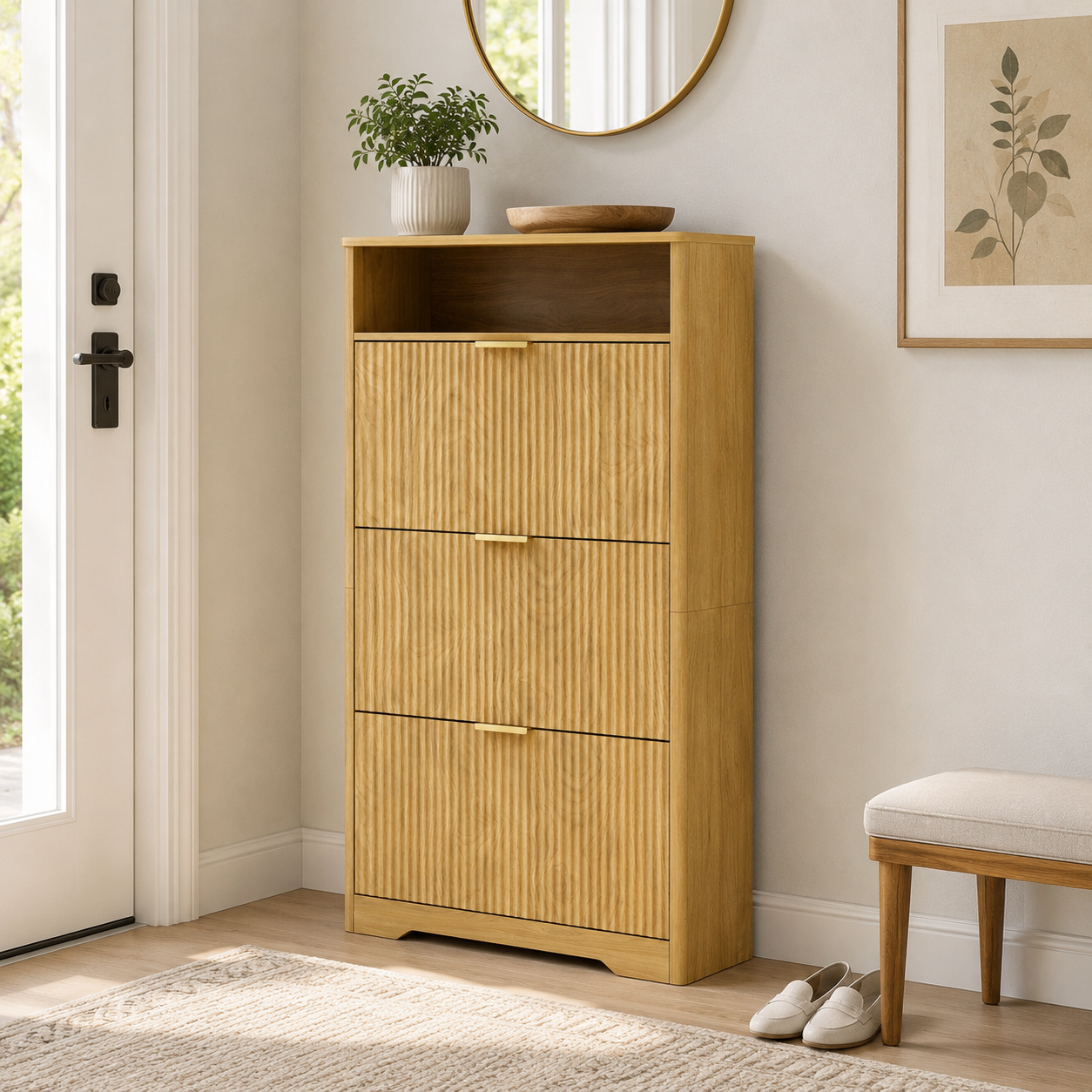 Flip Door Shoe Cabinet, 3-Compartment Entryway Shoe Storage Cabinet with Wave Pattern Doors, Modern Freestanding Shoe Organizer