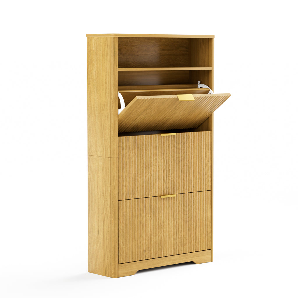 Flip Door Shoe Cabinet, 3-Compartment Entryway Shoe Storage Cabinet with Wave Pattern Doors, Modern Freestanding Shoe Organizer