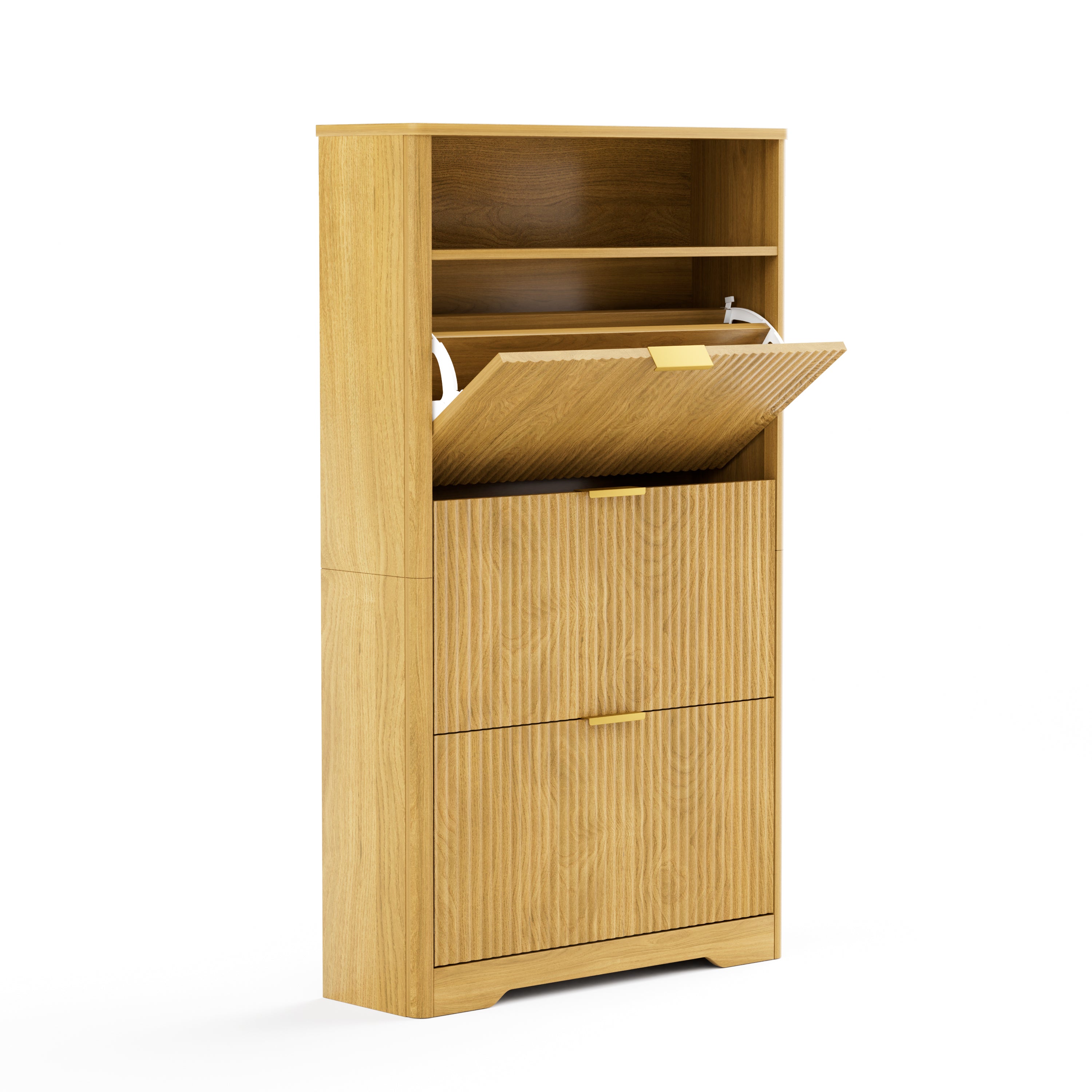 Flip Door Shoe Cabinet, 3-Compartment Entryway Shoe Storage Cabinet with Wave Pattern Doors, Modern Freestanding Shoe Organizer