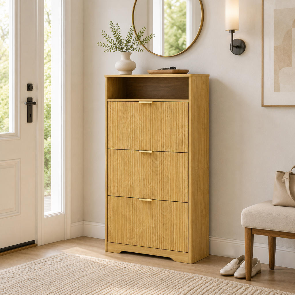 Flip Door Shoe Cabinet, 3-Compartment Entryway Shoe Storage Cabinet with Wave Pattern Doors, Modern Freestanding Shoe Organizer
