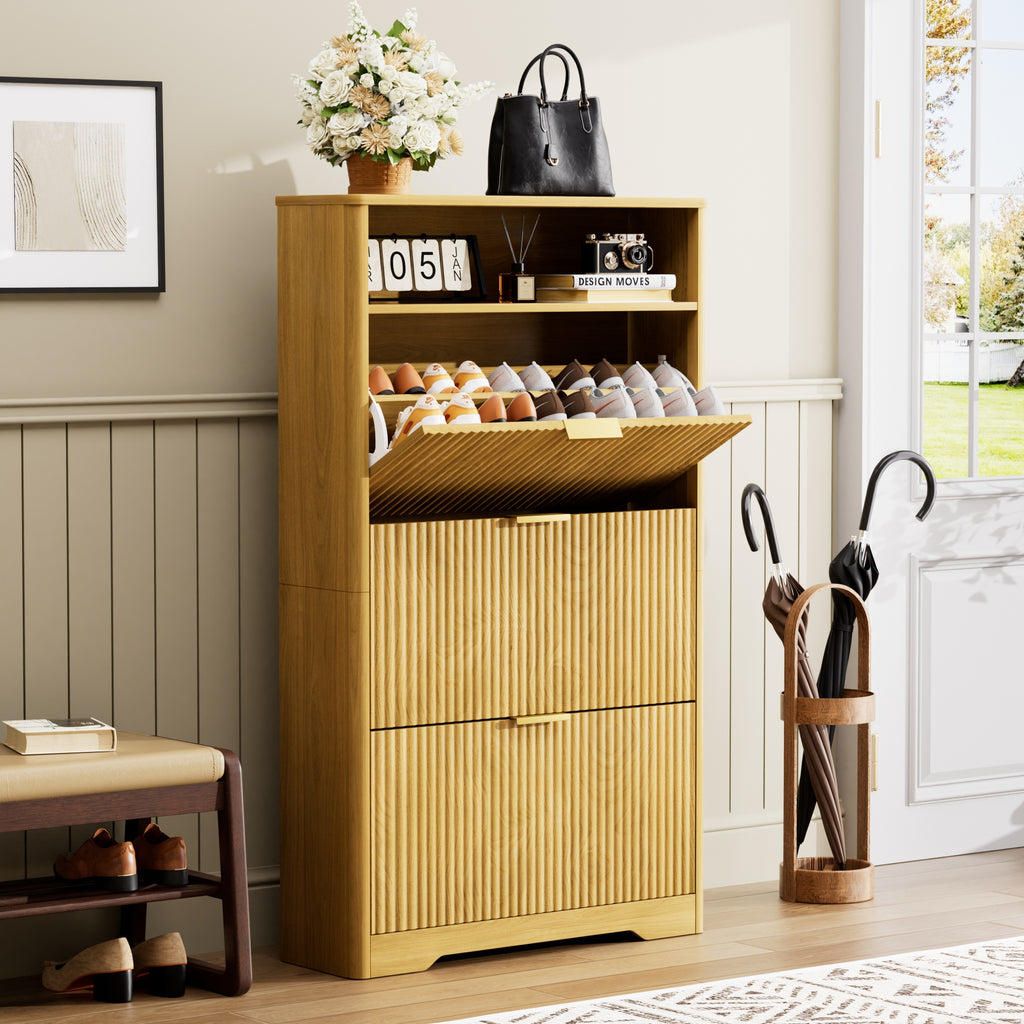 Flip Door Shoe Cabinet, 3-Compartment Entryway Shoe Storage Cabinet with Wave Pattern Doors, Modern Freestanding Shoe Organizer