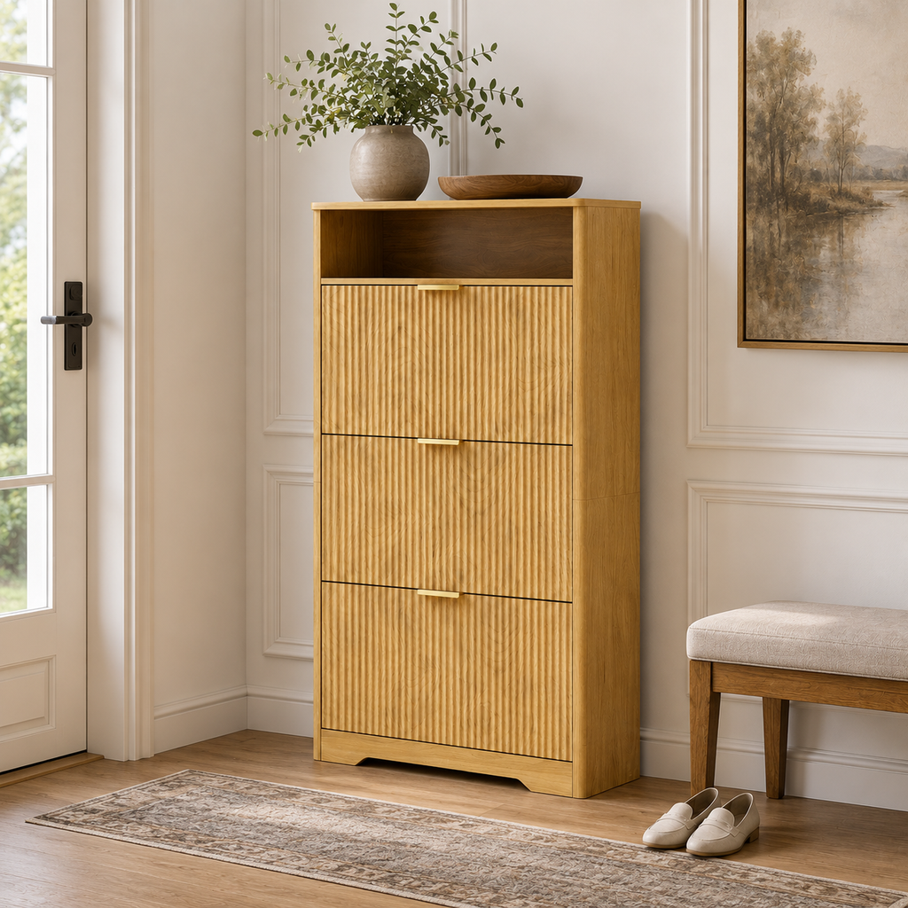 Flip Door Shoe Cabinet, 3-Compartment Entryway Shoe Storage Cabinet with Wave Pattern Doors, Modern Freestanding Shoe Organizer