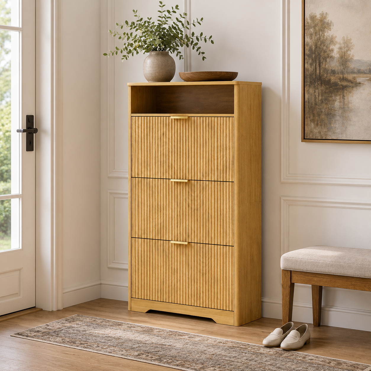 Flip Door Shoe Cabinet, 3-Compartment Entryway Shoe Storage Cabinet with Wave Pattern Doors, Modern Freestanding Shoe Organizer