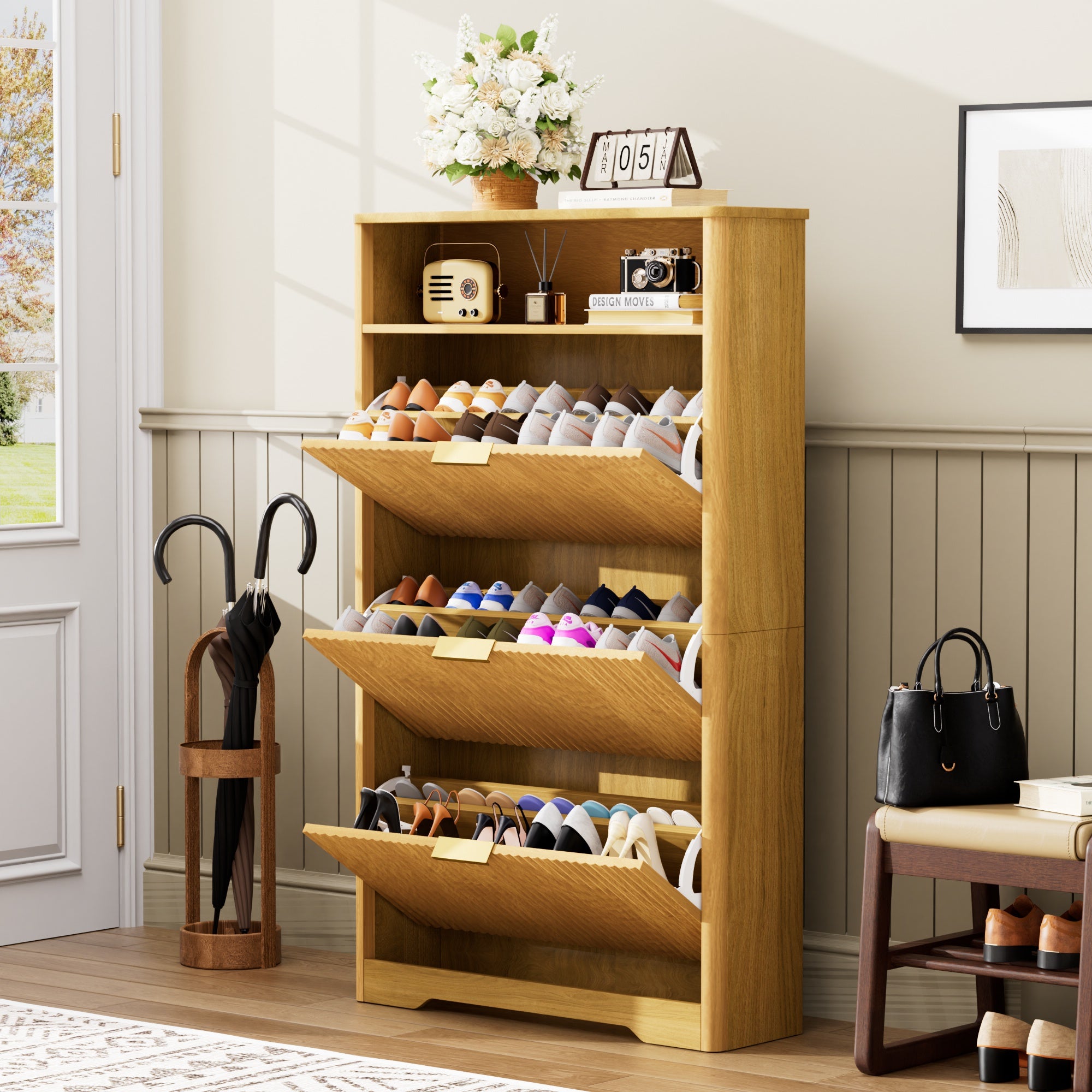 Flip Door Shoe Cabinet, 3-Compartment Entryway Shoe Storage Cabinet with Wave Pattern Doors, Modern Freestanding Shoe Organizer