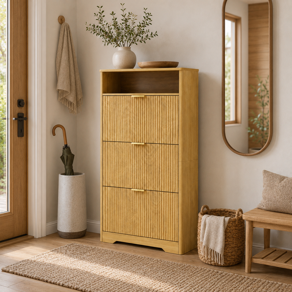 Flip Door Shoe Cabinet, 3-Compartment Entryway Shoe Storage Cabinet with Wave Pattern Doors, Modern Freestanding Shoe Organizer