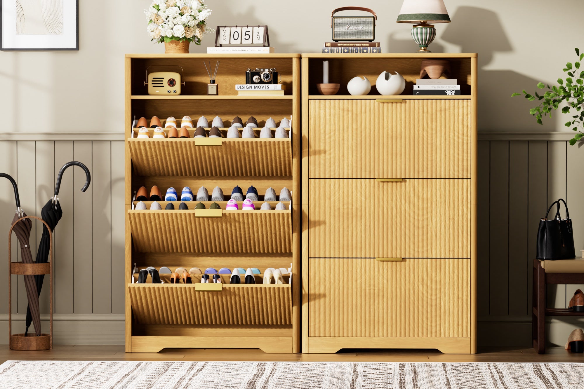 Flip Door Shoe Cabinet, 3-Compartment Entryway Shoe Storage Cabinet with Wave Pattern Doors, Modern Freestanding Shoe Organizer