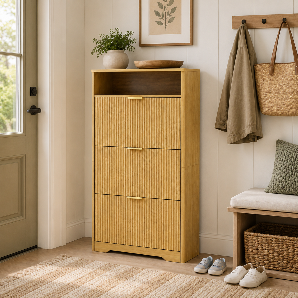 Flip Door Shoe Cabinet, 3-Compartment Entryway Shoe Storage Cabinet with Wave Pattern Doors, Modern Freestanding Shoe Organizer