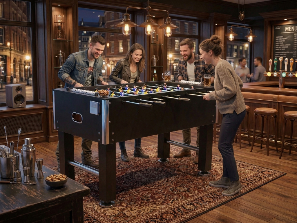 54" Heavy-Duty Freestanding Foosball Table, Black Indoor Arcade Soccer Game Room Table with Cup Holders and Steel Rods