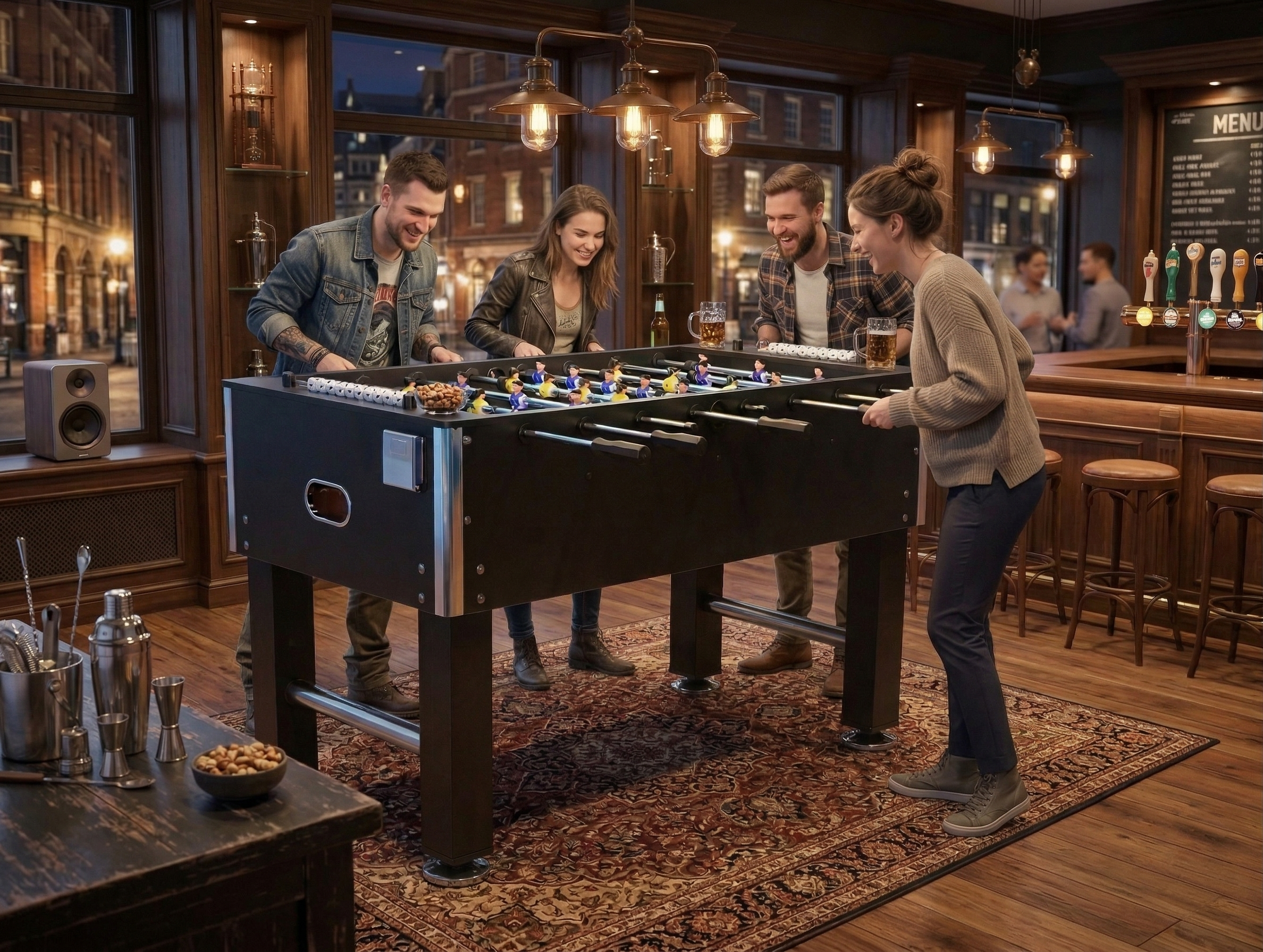 54" Heavy-Duty Freestanding Foosball Table, Black Indoor Arcade Soccer Game Room Table with Cup Holders and Steel Rods