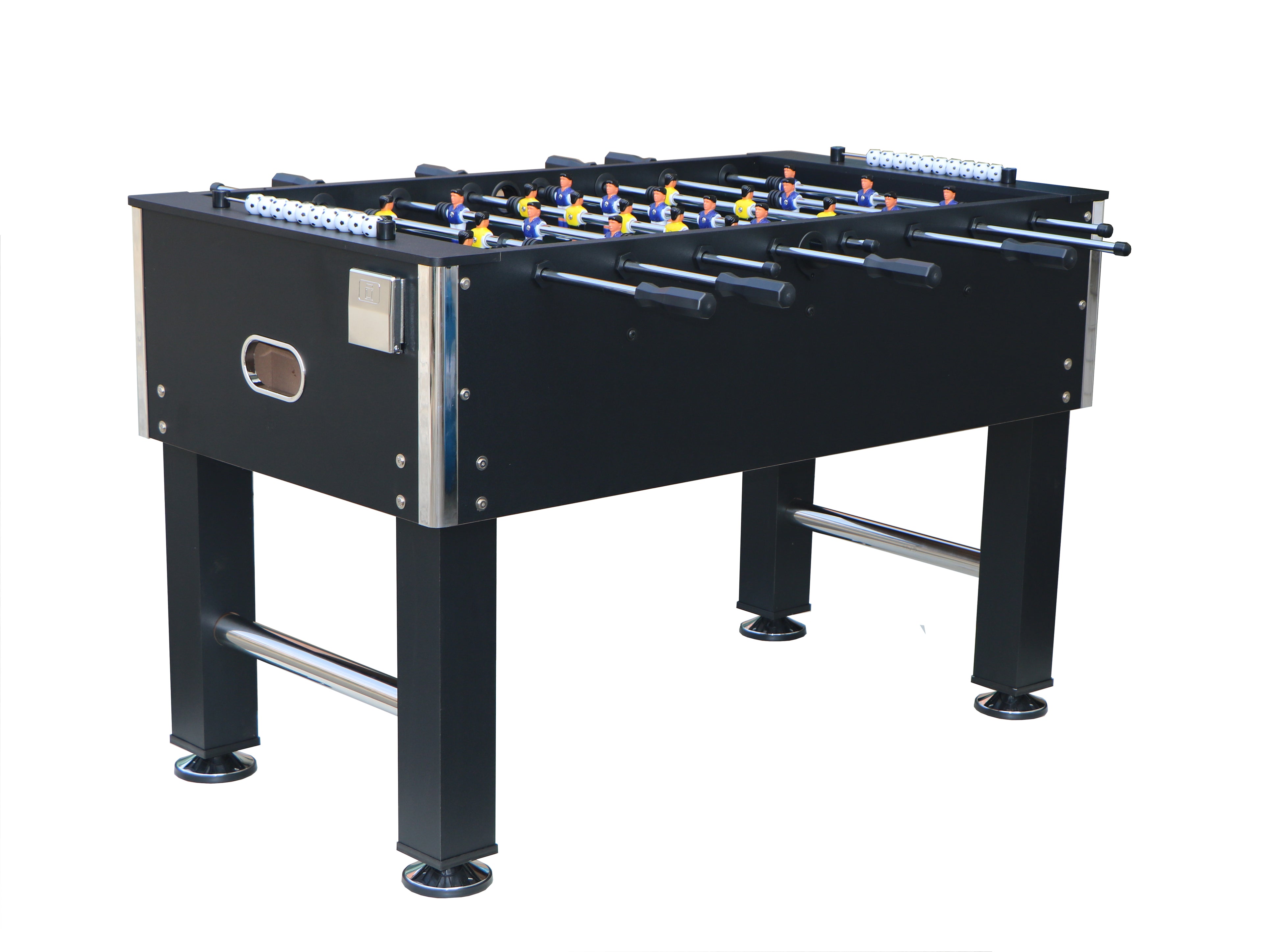 54" Heavy-Duty Freestanding Foosball Table, Black Indoor Arcade Soccer Game Room Table with Cup Holders and Steel Rods