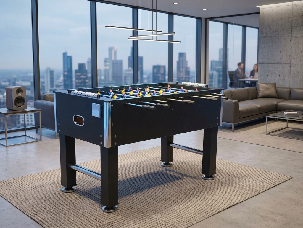 54" Heavy-Duty Freestanding Foosball Table, Black Indoor Arcade Soccer Game Room Table with Cup Holders and Steel Rods