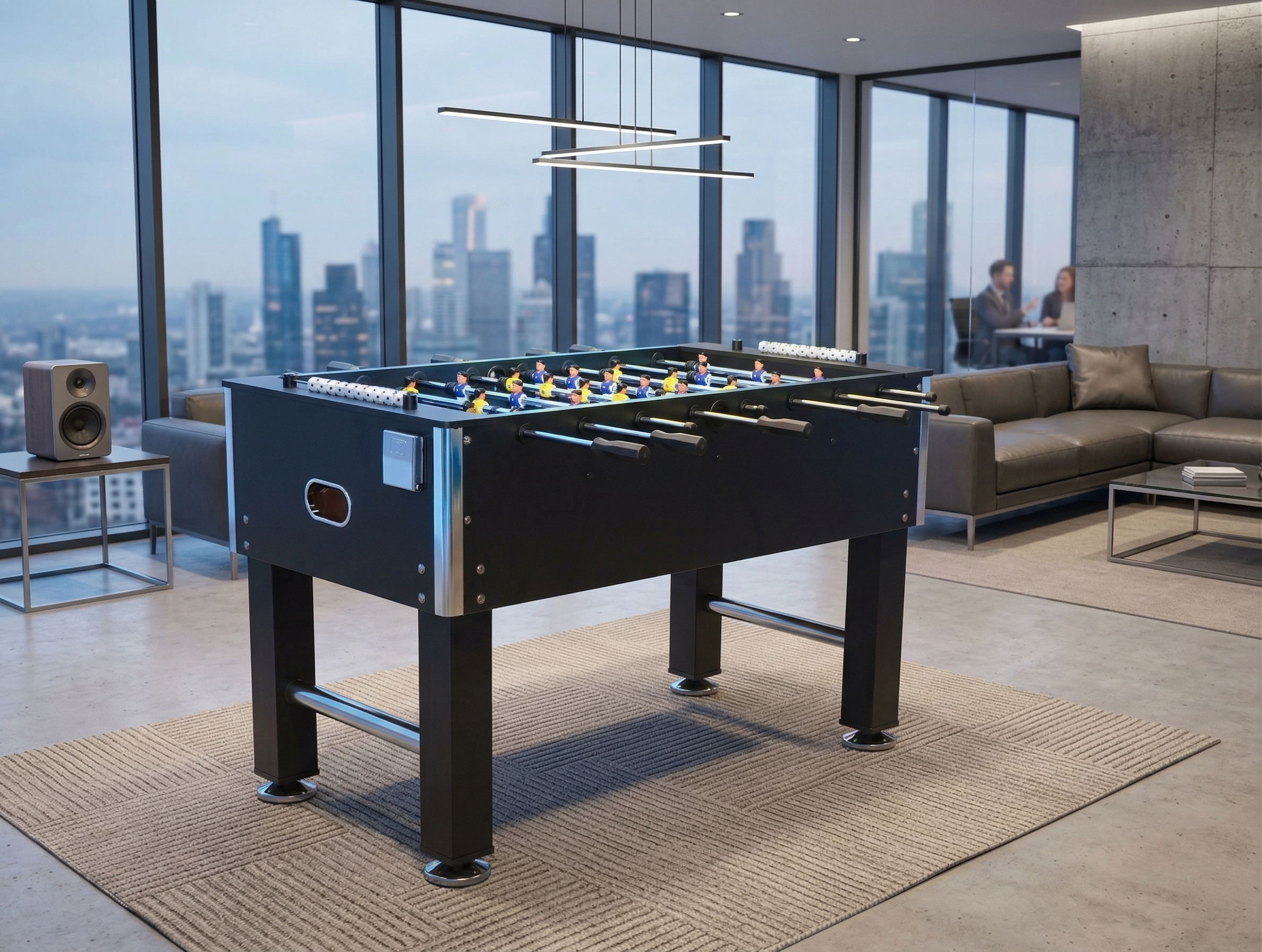 54" Heavy-Duty Freestanding Foosball Table, Black Indoor Arcade Soccer Game Room Table with Cup Holders and Steel Rods