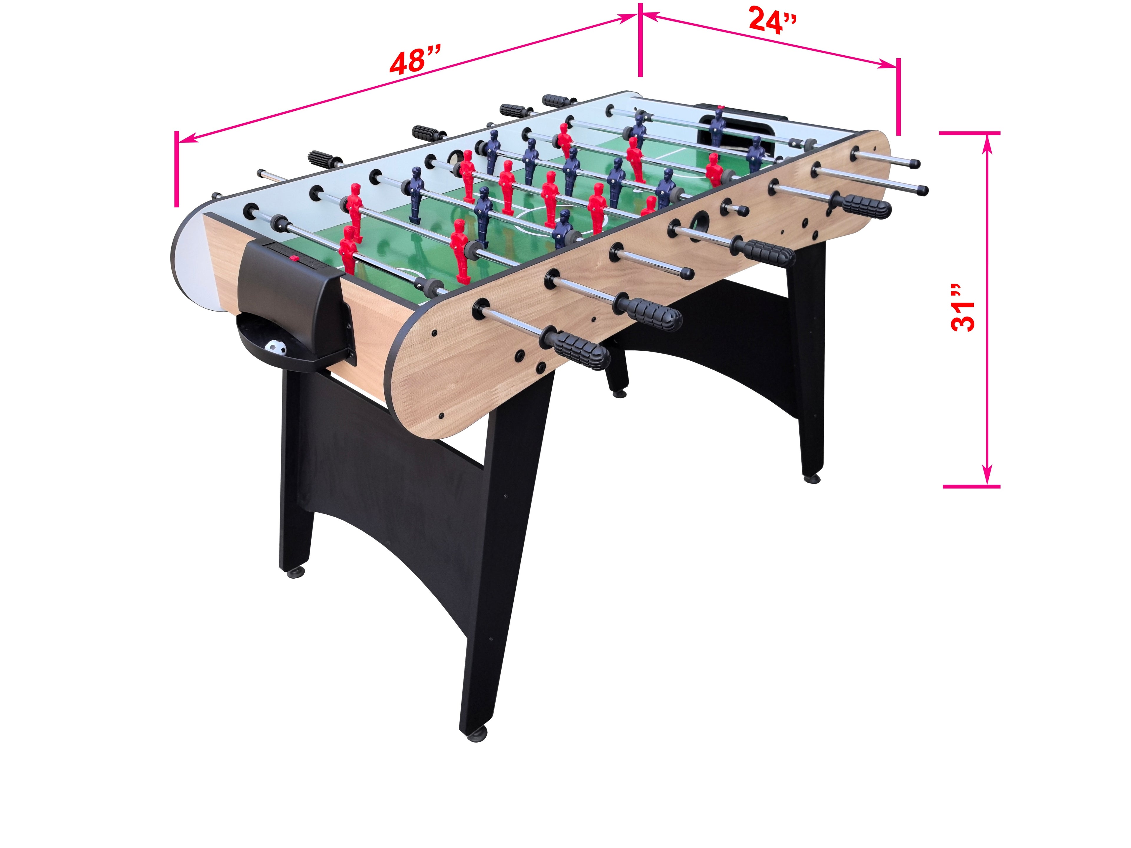 48" Freestanding Foosball Table, Wood Grain MDF Game Room Table with Curved Legs and Steel Rods