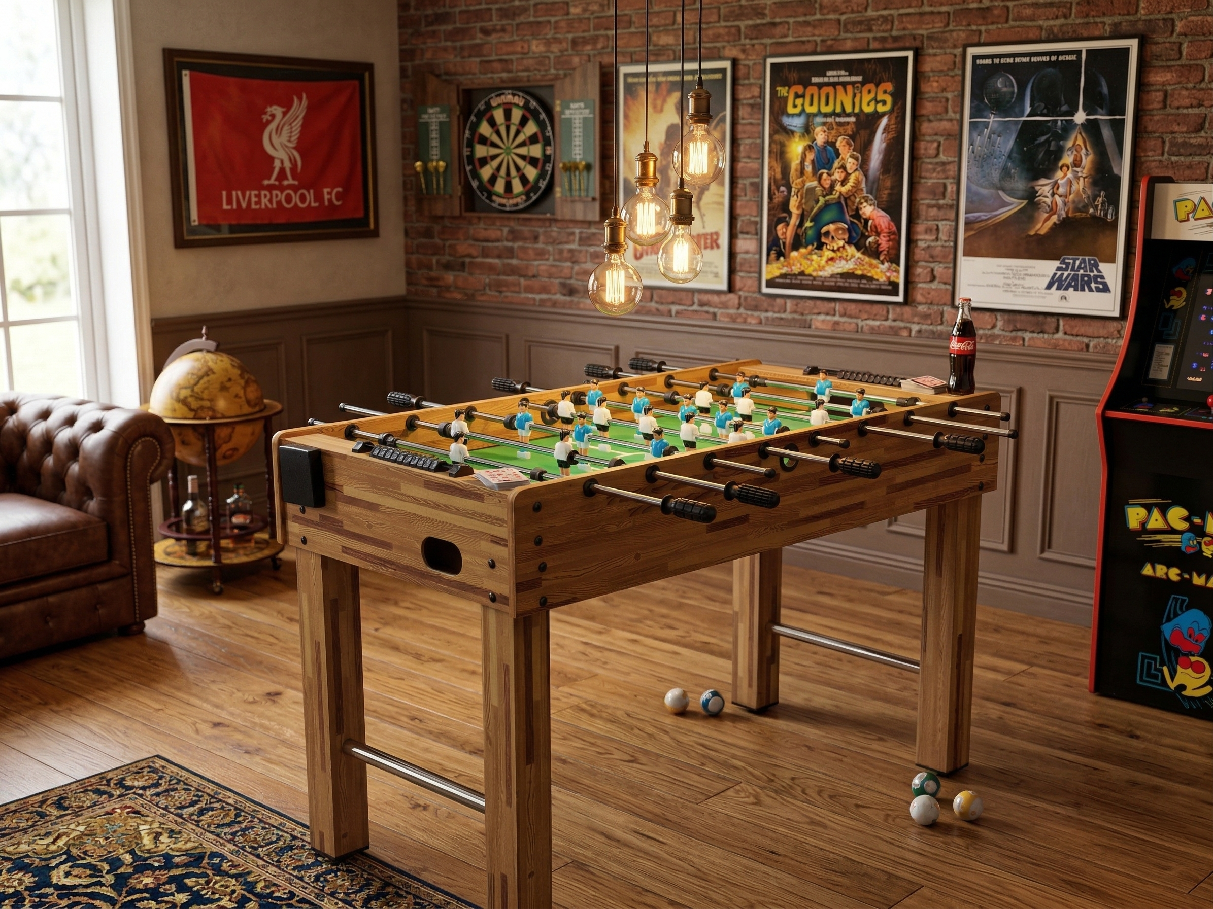 48" Freestanding Foosball Table, Light Wood Grain Game Room Table with Cup Holders and Steel Rods