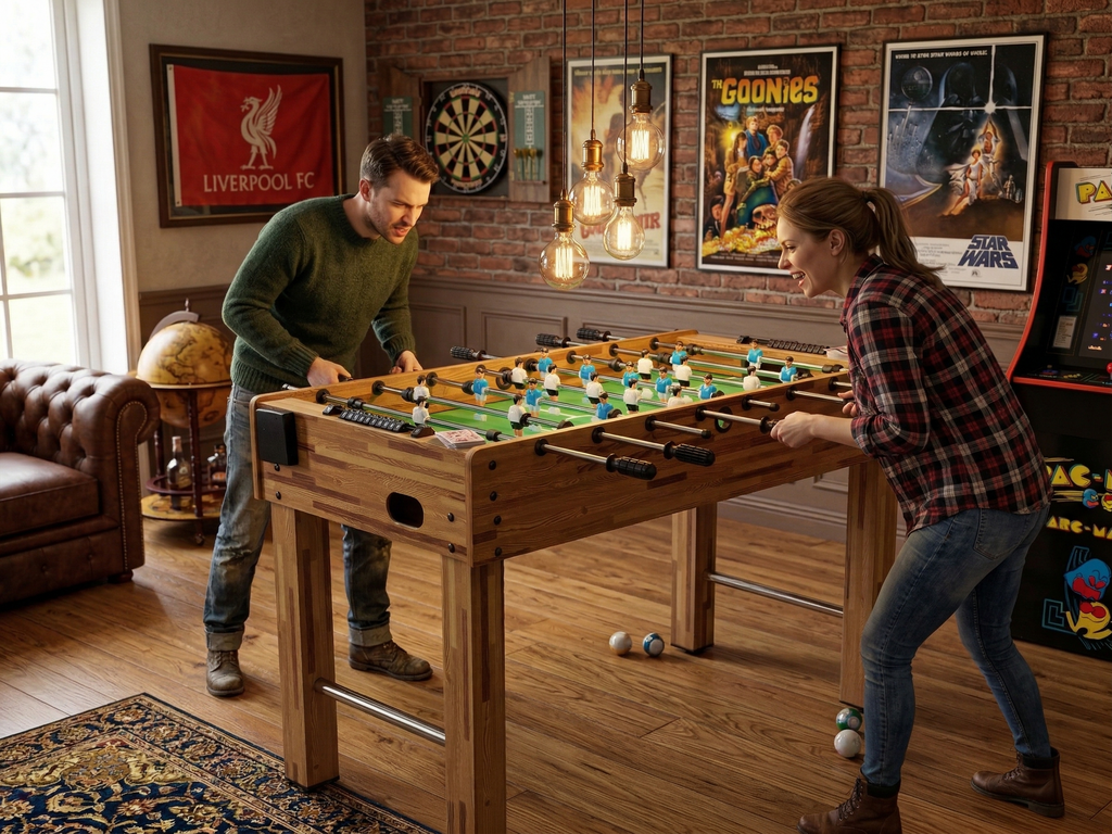 48" Freestanding Foosball Table, Light Wood Grain Game Room Table with Cup Holders and Steel Rods